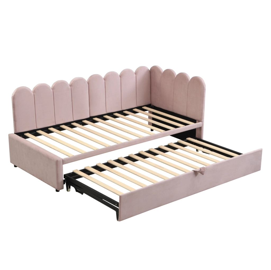 Divano letto 90x200 cm; estraibile a L; tessuto effetto velluto; rosa