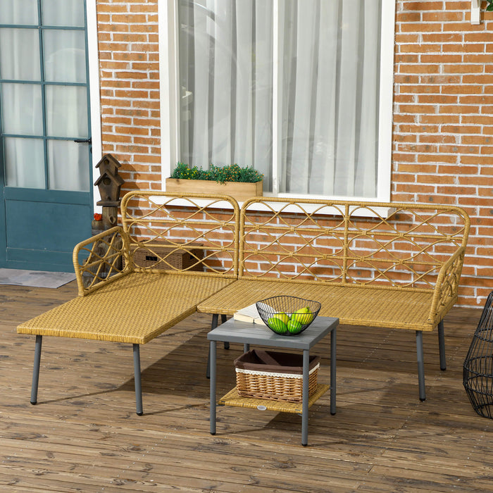 Salotto da Giardino Divano 2 Posti con Chaise Longue e Tavolino in Rattan PE Crema