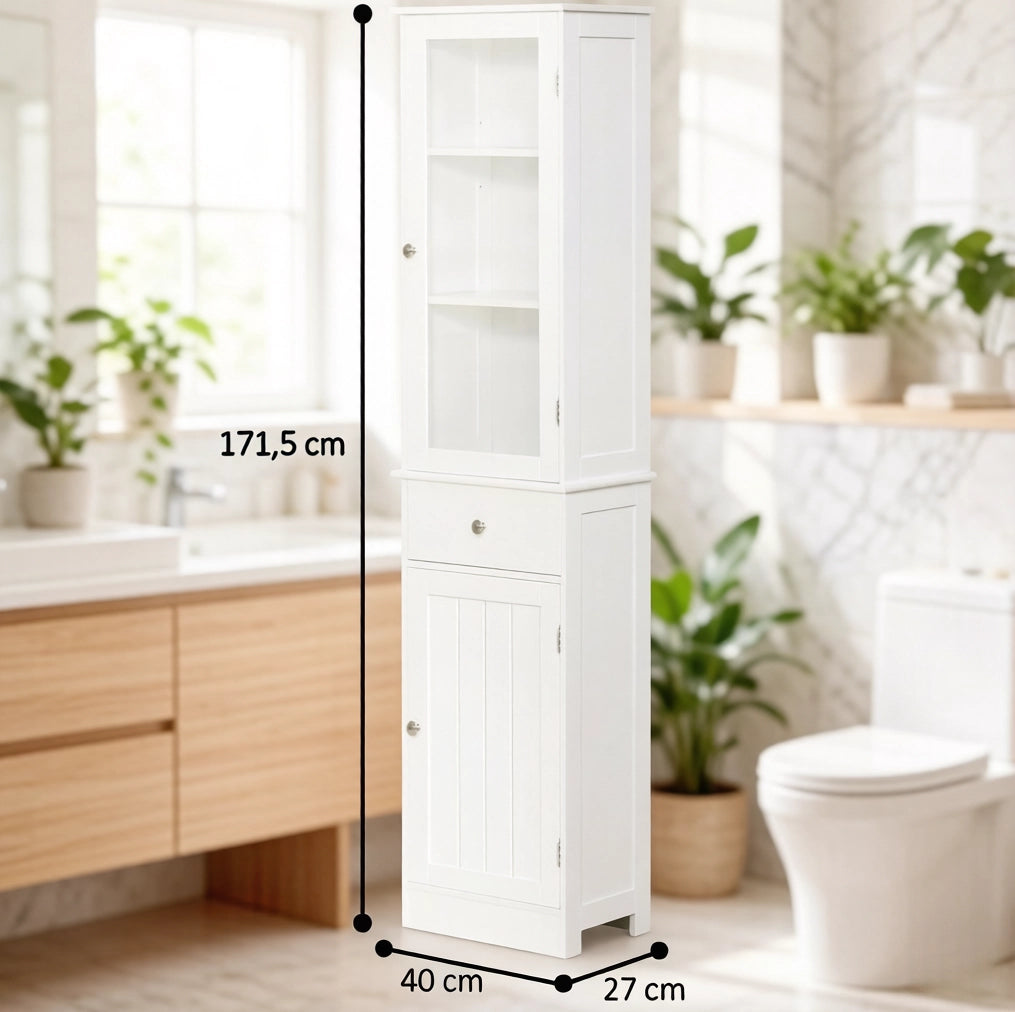 Colonna bagno salvaspazio in MDF bianco con anta acrilica