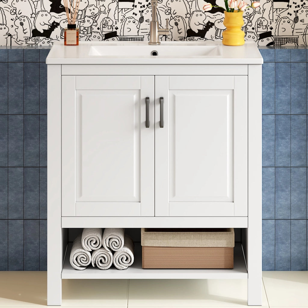 Mobile lavabo da bagno a terra con lavabo in ceramica e doppia anta