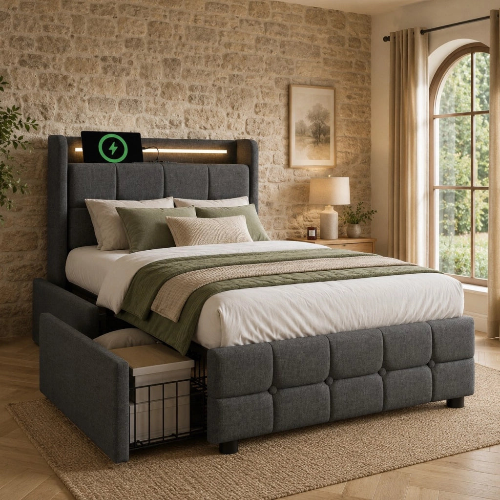 Letto singolo 90x200 cm con testiera USB; luci LED e 2 cassetti; grigio