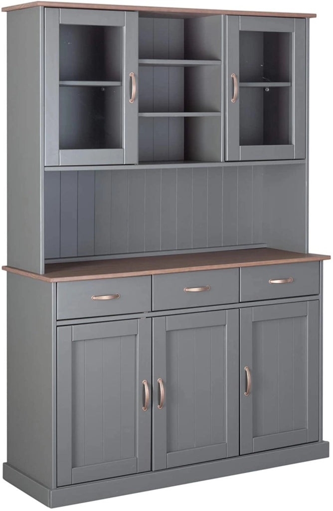 MOBILE SOGGIORNO CREDENZA VETRINA LUZERNA 3+2 ANTE + 3 CASSETTI 131x45x191H PINO MASSELLO VERNICIATO GRIGIO E MARRONE SEPPIA