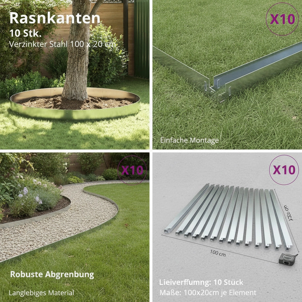 Lawn Edging, 10 Pieces, Galvanized Steel, 100 X 20 Cm