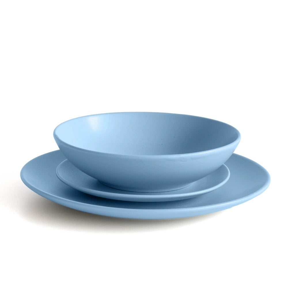 Servizio 18 Pezzi Piatti Cucina In Porcellana Gres Matt Design Moderno Finiture Opache Piatto Fondo Piano Dessert Lavastoviglie Microonde Colorazioni Tinta Unita Certificati Contatto Alimentare Azzuro