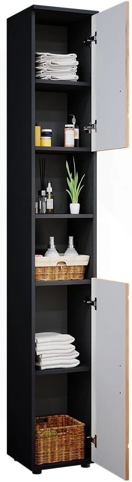 Set di mobili da bagno Irma, Quercia dorata/antracite, 2 parti, con colonna, composto da mobile sottolavabo e colonna alta