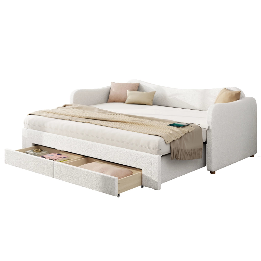 Letto imbottito estraibile 90x200 cm con cassetti; USB e Type-C; beige bouclé