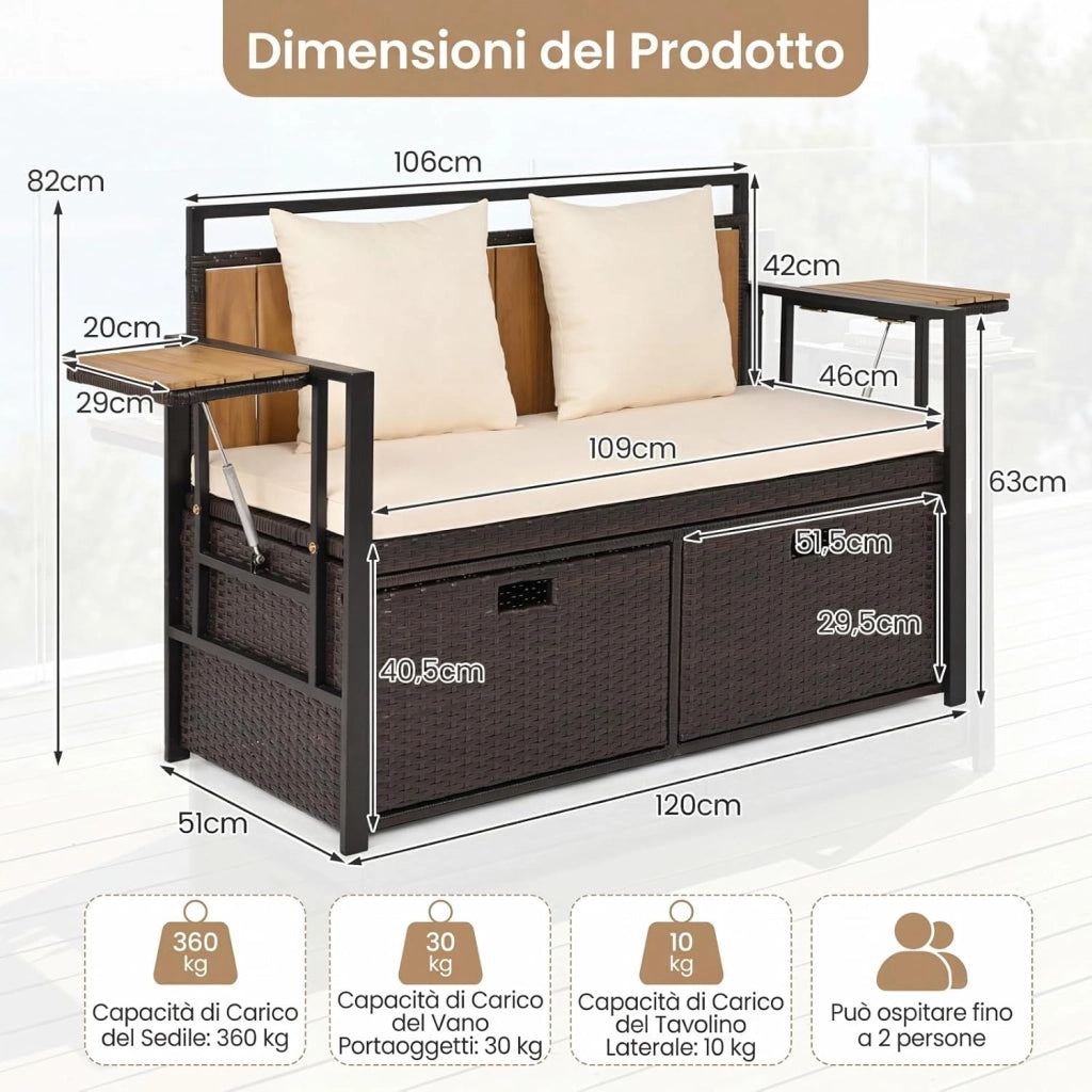 Panca da Giardino con Vano Contenitore, Panchina a 2 Posti in Rattan PE, con Tavolini Pieghevoli, Cuscini Imbottiti, per Esterno, Balcone, Terrazza, 120 x 51 x 82 cm, Portata 360 kg (Beige)
