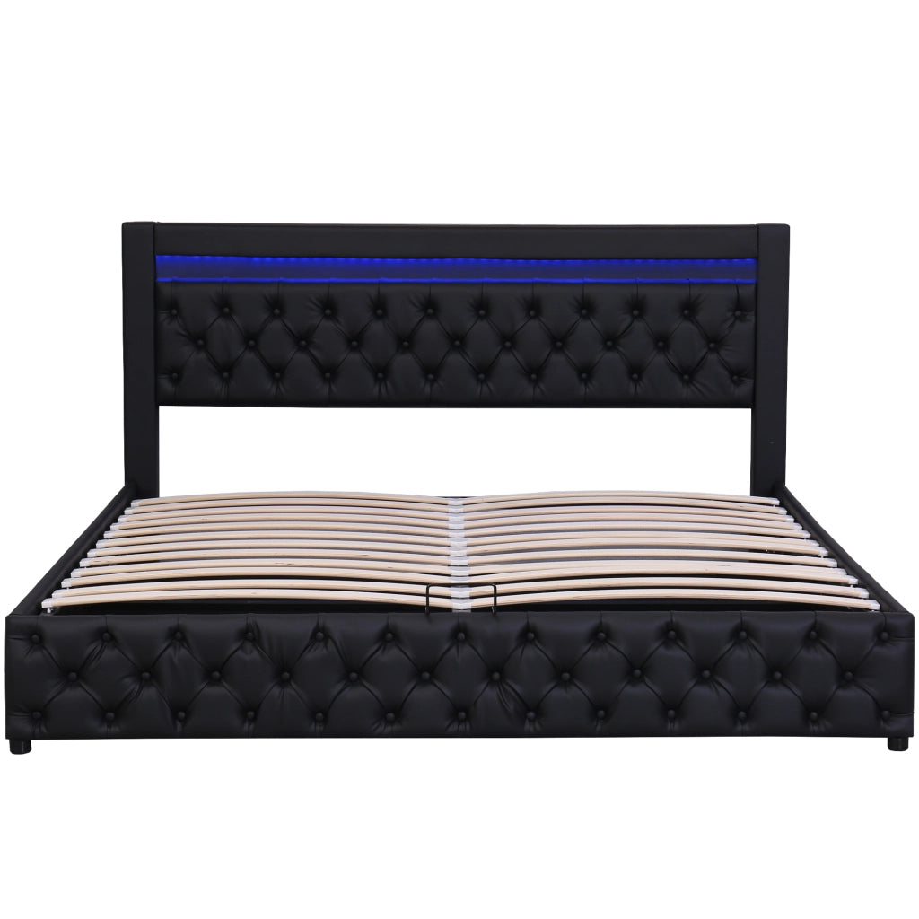 OKWISH Letto contenitore 160×200 cm, Letto Matrimoniale con LED Regolabile, Vano Contenitore, senza Materasso, in PU, Nero