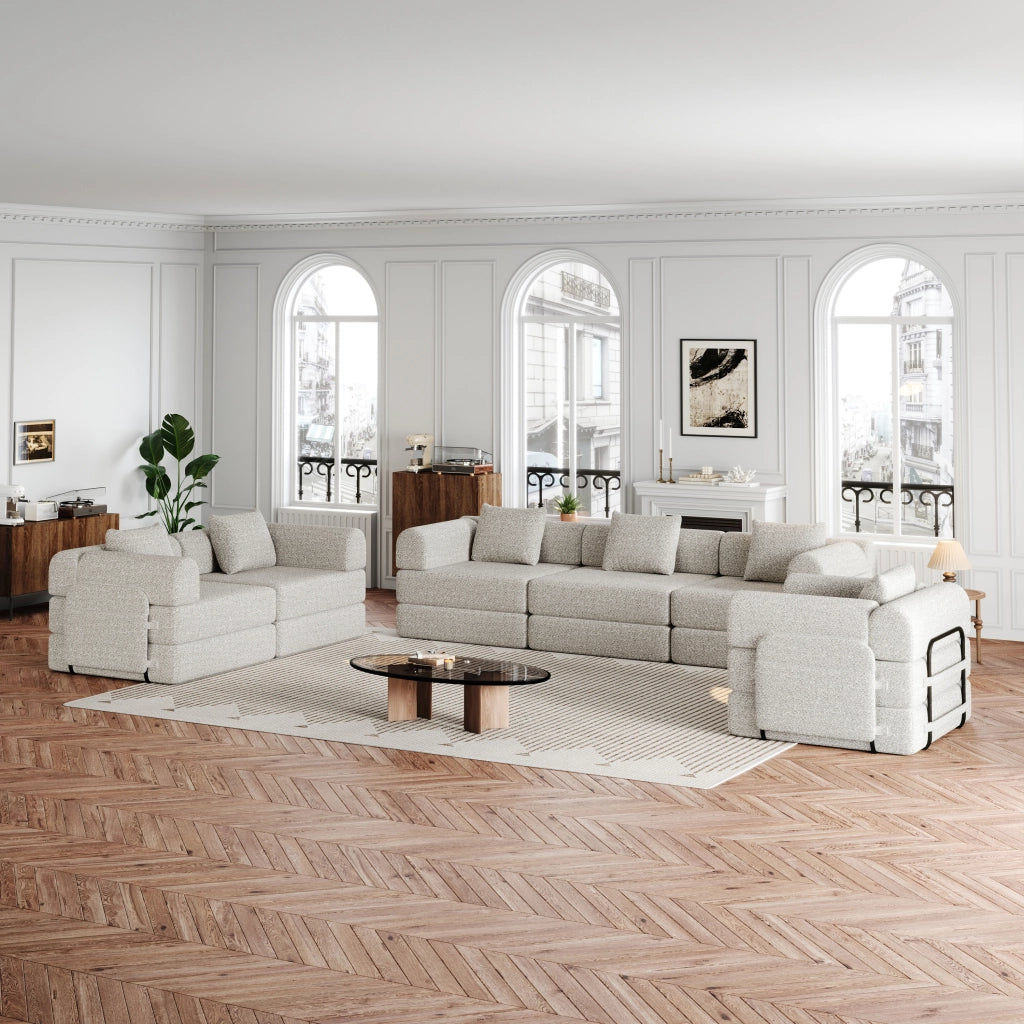 Divano letto modulare in chenille khaki con vano nell bracciolo e base antiscivolo
