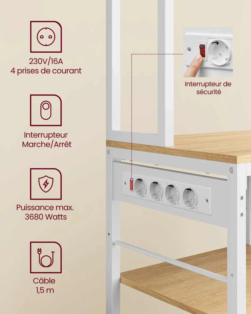 Mensola da cucina con multipresa bar con ripiani regolabili cassetto in tessuto 12 ganci 40 x 80 x 1804 cm supporto per microonde bianco 12_0005658