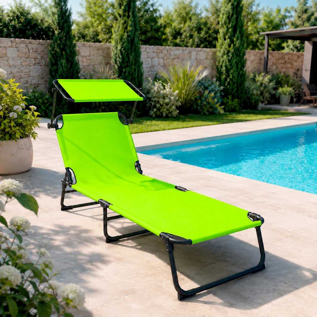 Lettino Mare Pieghevole Con Parasole Regolabile Schienale Reclinabile Struttura In Metallo Nero Sdraio Relax Per Spiaggia Giardino Campeggio Piscina 187 x 53 x 24 Cm (Verde Fluo)