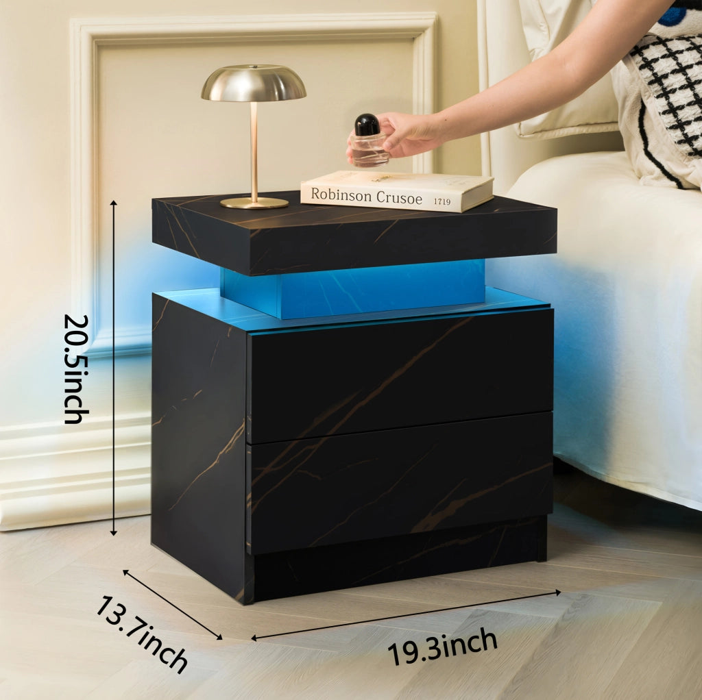 Comodino con luci LED regolabili, 2 cassetti, nero e oro