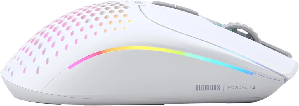 Gaming Model I 2 Wireless Mouse da gaming senza fili - 2,4 GHz e Bluetooth ibrido, superleg. 75 g, 9 tasti (2 scamb.), RGB, piedini PTFE, MMO/MOBA/sparatutto, supporto lat. pollice - Bianco