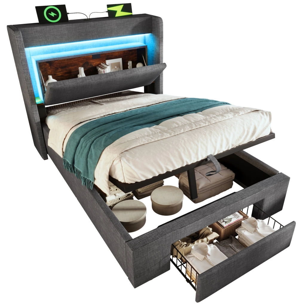Letto imbottito 90x200 cm con contenitore idraulico; LED; USB e USB-C; grigio in lino