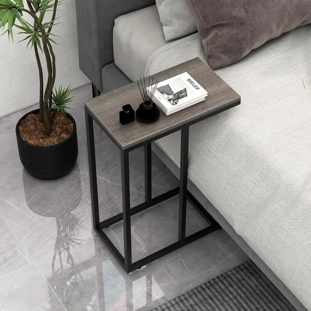 Tavolino a Forma di C per Divano e Letto, Tavolino Basso con Struttura in Metallo, Tavolino da Salotto e Camera da Letto, 45,5 x 25,5 x 64 cm (Grigio)
