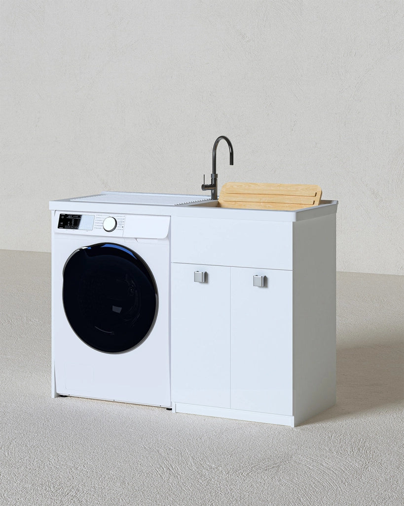 Mobile coprilavatrice Pulsa Sx - Con 2 anta e lavatoio - Contenitore salvaspazio per bagno e lavanderia - Lavatrice non inclusa - Bianco - 124x93x60 cm_