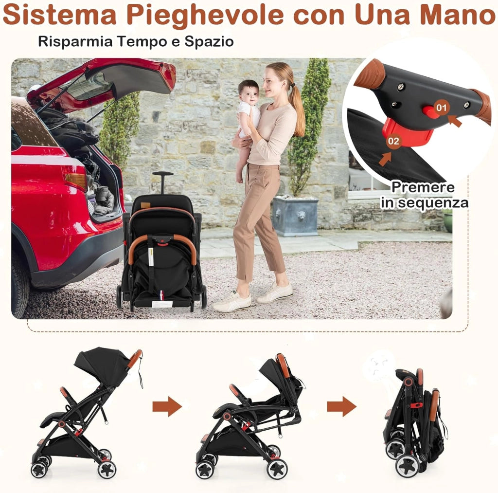 Passeggino Leggero per Bambini, con Schienale e Poggiapiedi Regolabili, Cappottina e Zanzariera, Compatto e Pieghevole, per Bambini 0-3 Anni, fino a 15 kg (Nero)