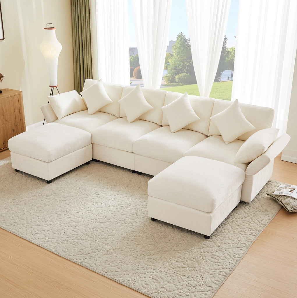 Divano modulare angolare a L in chenille beige 284x156;5x86 cm con 2 pouf e cuscini