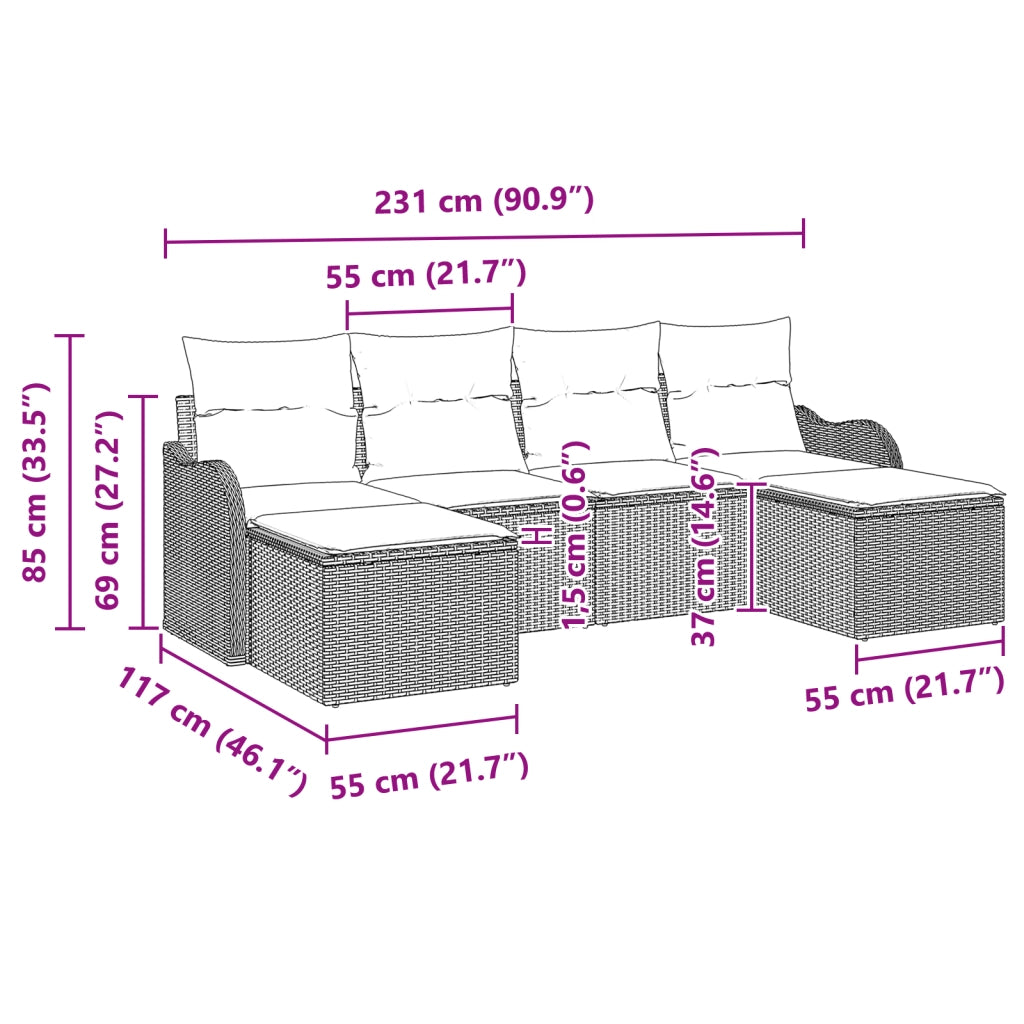 Set Divano Giardino 6 Pezzi con Cuscini Grigio Rattan Poly