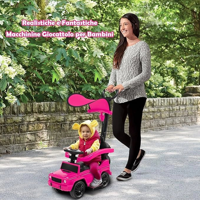 Auto a Spinta per Bambini, Macchina Cavalcabile a Spinta con Tettuccio Regolabile Maniglia per Genitori Paracolpi, Ideale per Bambini 12-36 Mesi (Rosa)