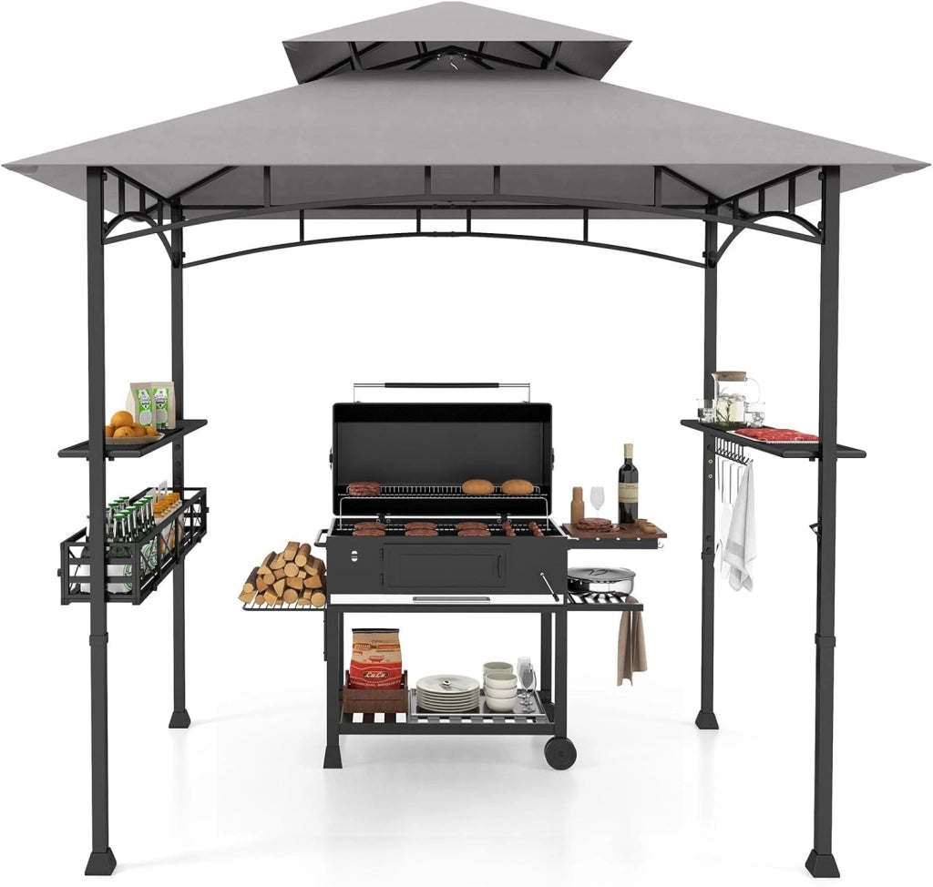 Gazebo per Barbecue, Pergola per BBQ con 2 Ripiani Laterali, Cestino, Ganci Appendiutensili, Apribottiglie, Copertura a 2 Livelli, per Giardino e Cortile, 242 x 153 x 250 cm (Grigio)