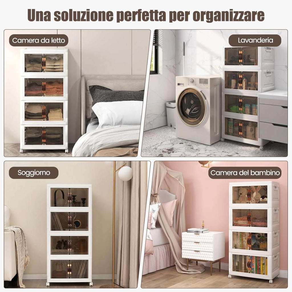 Scatola Portaoggetti, Contenitori in Plastica con Coperchio e 4 Ruote, Contenitore Pieghevole Impilabile per Soggiorno, Cucina e Camera da Letto (L-Set di 4)