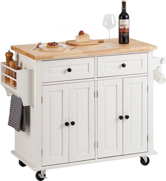 Isola cucina 1100 x 450 x 825 mm, 136 kg portata, isola cucina in legno con contenitore, wagen cucina con asseggio per asciugamano & 2 ante, contenitore per microonde isola cucina in legno massello
