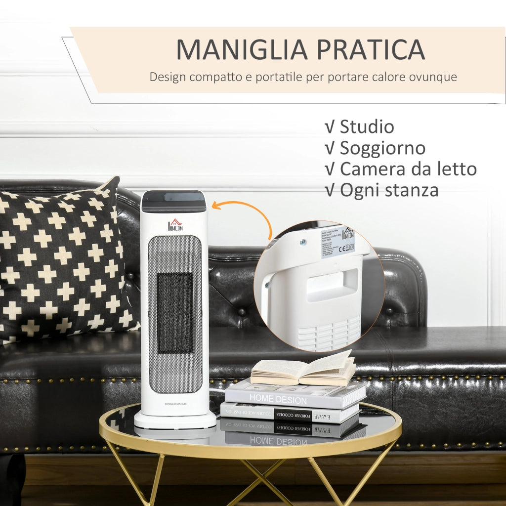 Easycomfort Stufetta Elettrica Oscillante con Telecomando, Temperatura Regolabile e Timer, Potenza 1000W/2000W, 17.6x13.7x50cm, Bianco