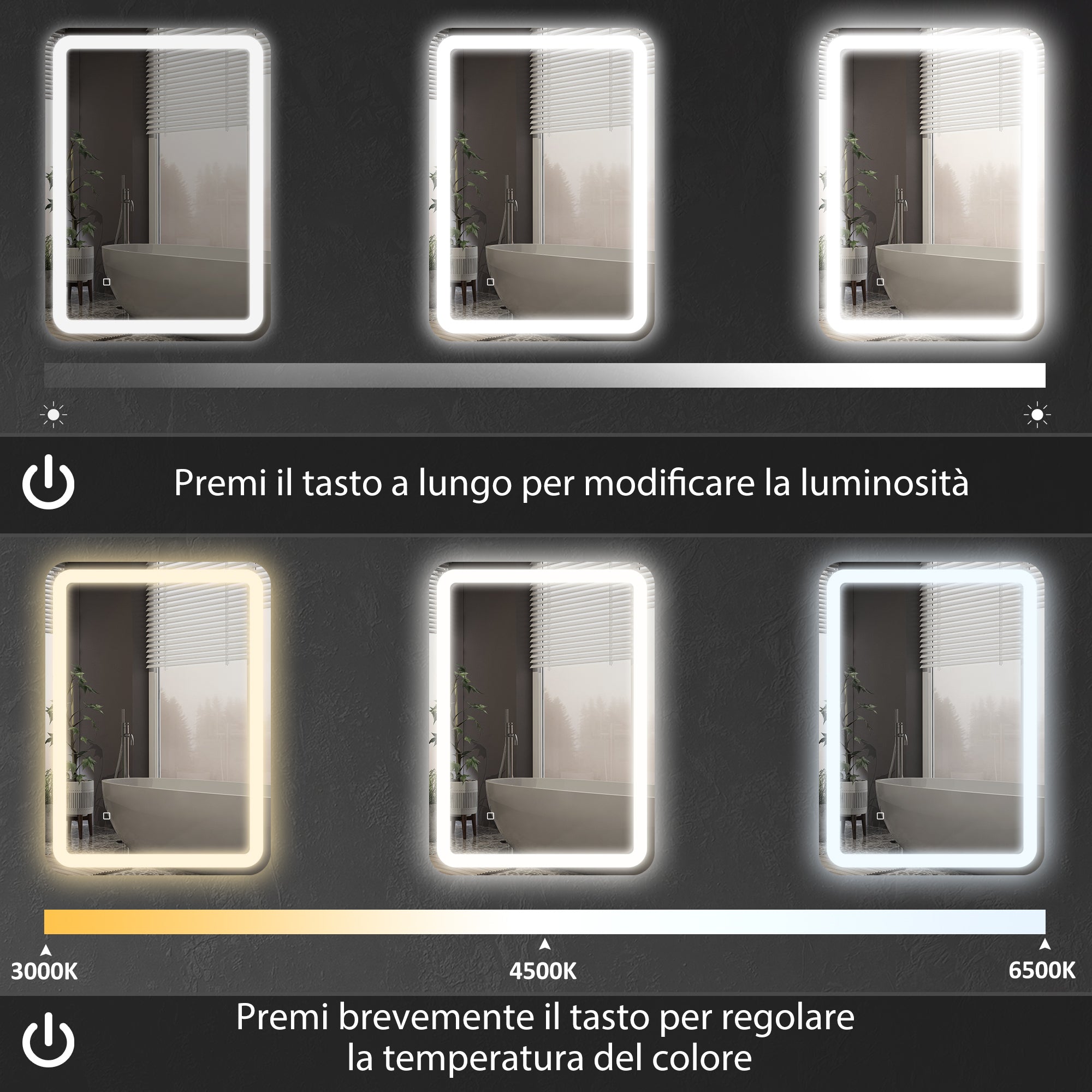 Specchio Bagno 70x90 cm LED Touch con Luce Dimmerabile a 3 Temperature e Antiappannamento
