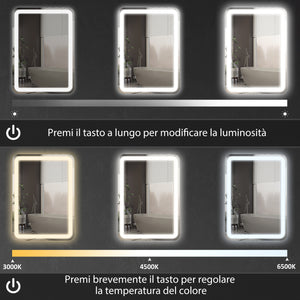 Specchio Bagno 70x90 cm LED Touch con Luce Dimmerabile a 3 Temperature e Antiappannamento