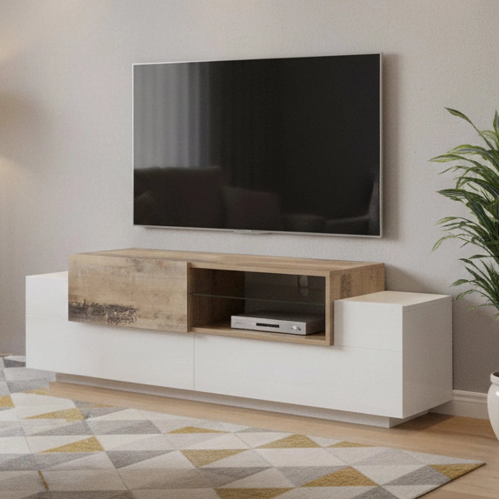 Mobile da soggiorno Porta Andris, Made in Italy, Credenza per Andris da salotto a 3 ante, cm 160x45h51, Bianco lucido e Acero
