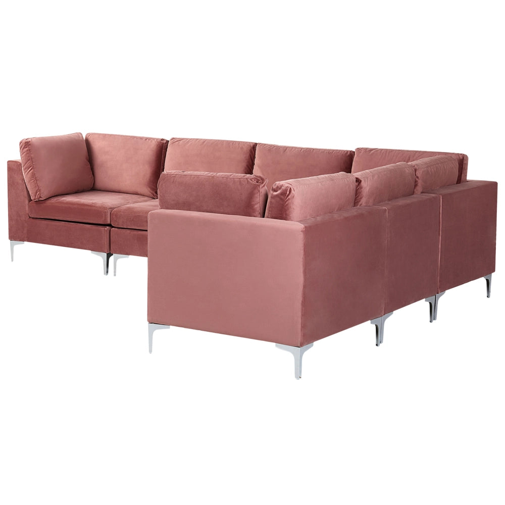 Divano componibile ad angolo versione sinistra in velluto rosa 6 posti a forma di L con gambe in metallo argento stile glamour