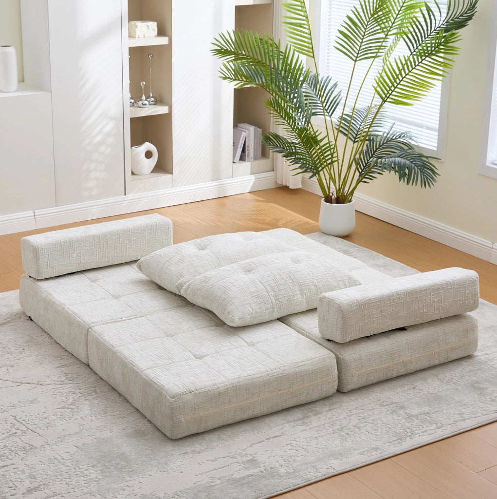 Divano letto pieghevole in ciniglia beige con cuscini; 79 x 180 cm