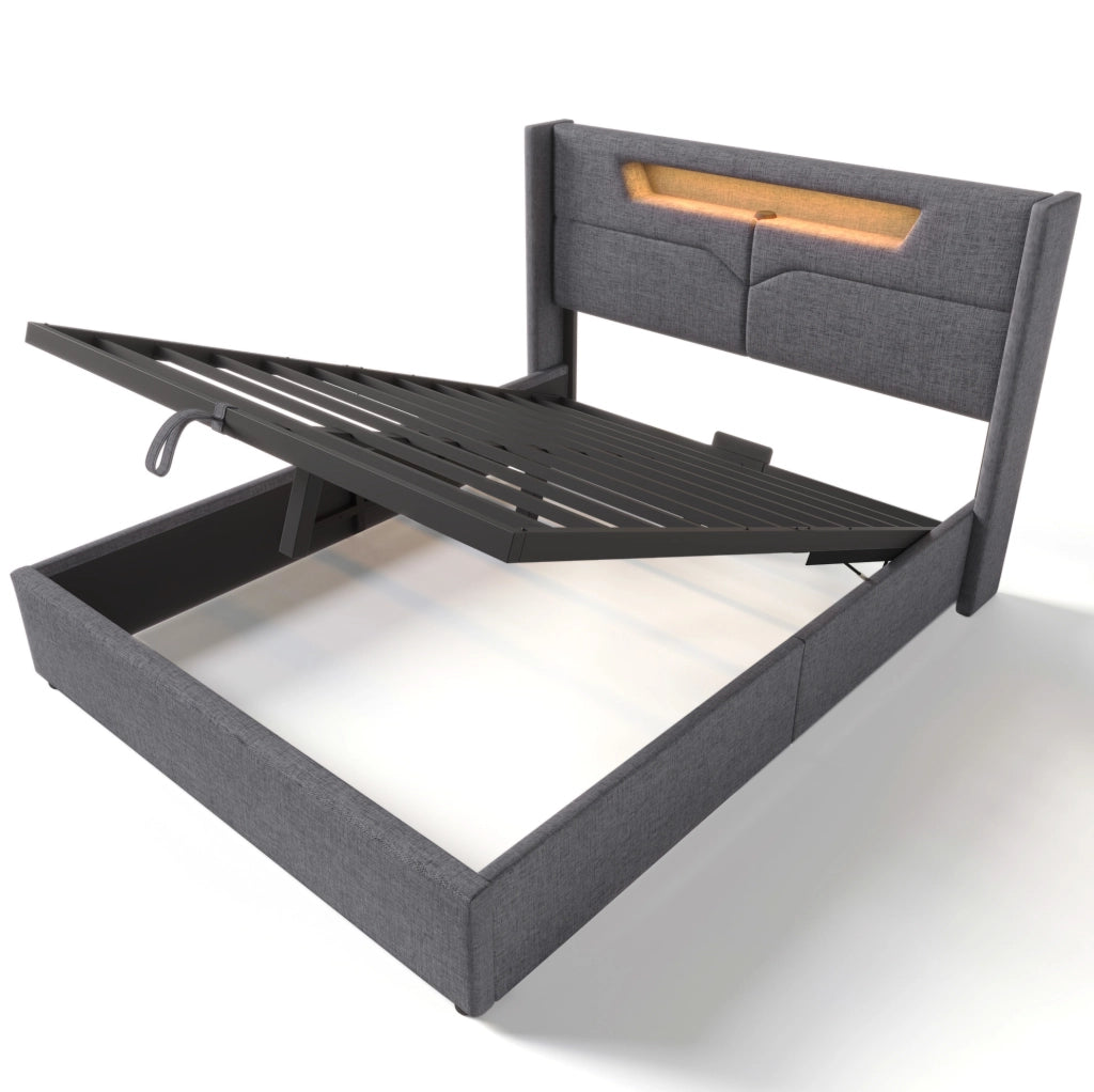 Letto matrimoniale 140x200 cm in tessuto lino grigio con LED; USB e contenitore