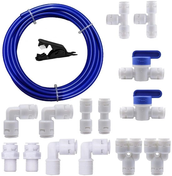 Set di connessione acqua 10 Metri - Fitting per filtro acqua universale - 14 pezzi - Tecnologia Push-Fit - Materiali sicuri per l'alimentazione - Imprigionato e riciclabile - Set di connessione acqua