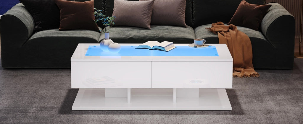 TAVOLINO DA SALOTTO 100x50x35 cm Bianco lucido con 2 cassetti e piano in vetro