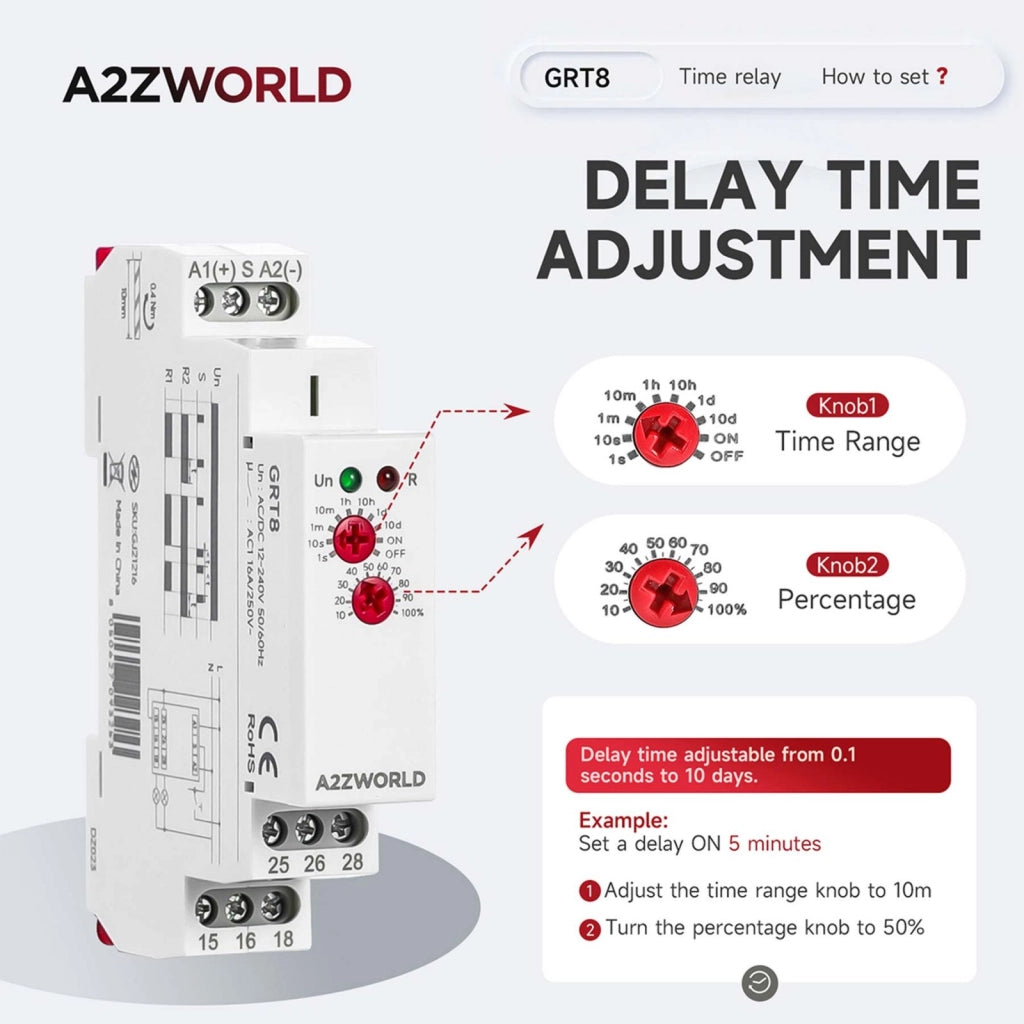 Relè Passo Passo Silenzioso, Relè Temporizzatore Modulare (0.1S-10D), 2 Funzione in Unico Relay, 1 Modulo Barra DIN, AC/DC12-240V, 2X16A, Funzione DC/AC 12V 24V 220V GRT8