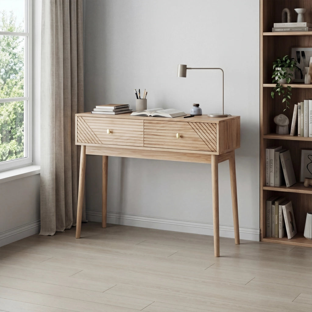 Tavolo consolle con 2 cassetti in MDF e pannello di particelle rovere