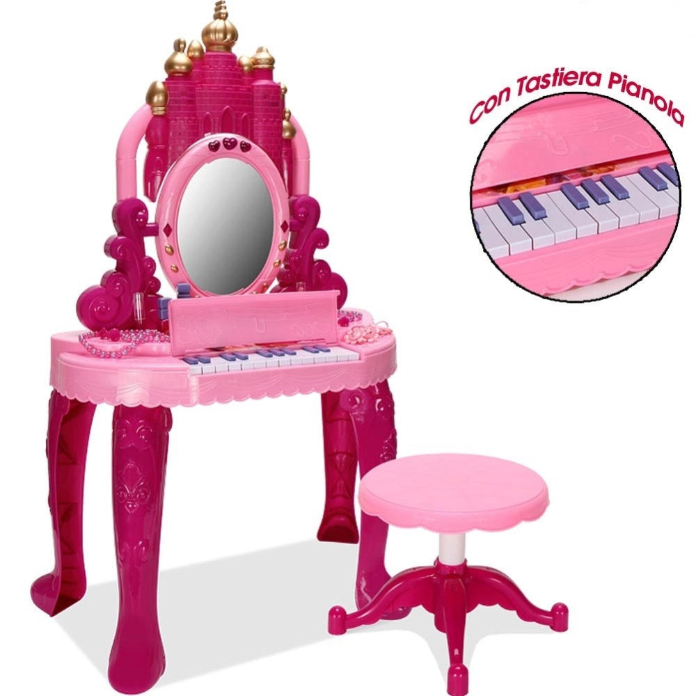 Trade Shop - Specchiera Make Up Per Bambina Con Luci Suoni Tastiera Pianola E Sgabello 2in1 -