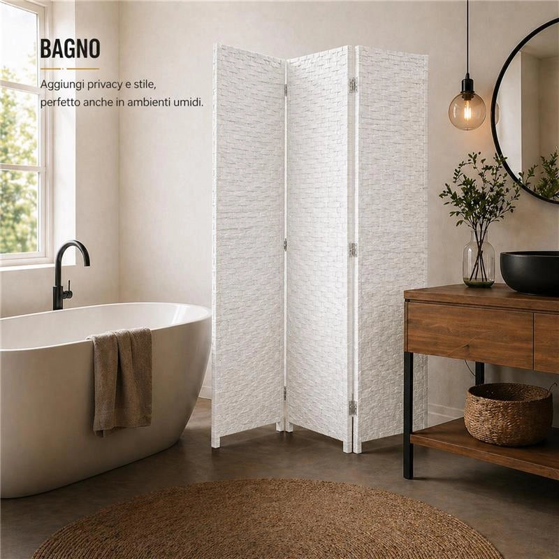SEPARE' CON TRE PANNELLI IN PLASTICA BIANCO CON STRUTTURA IN LEGNO MISURE: 180X135CM