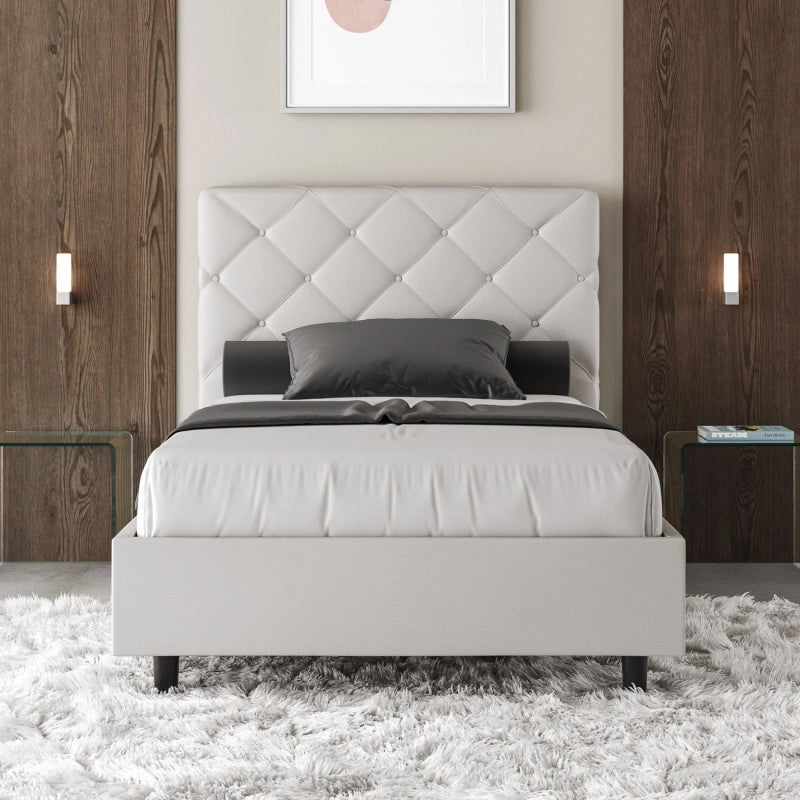 Letto imbottito Piazza e mezzo 110x200 cm Priya - Bianco,Similpelle,Senza rete