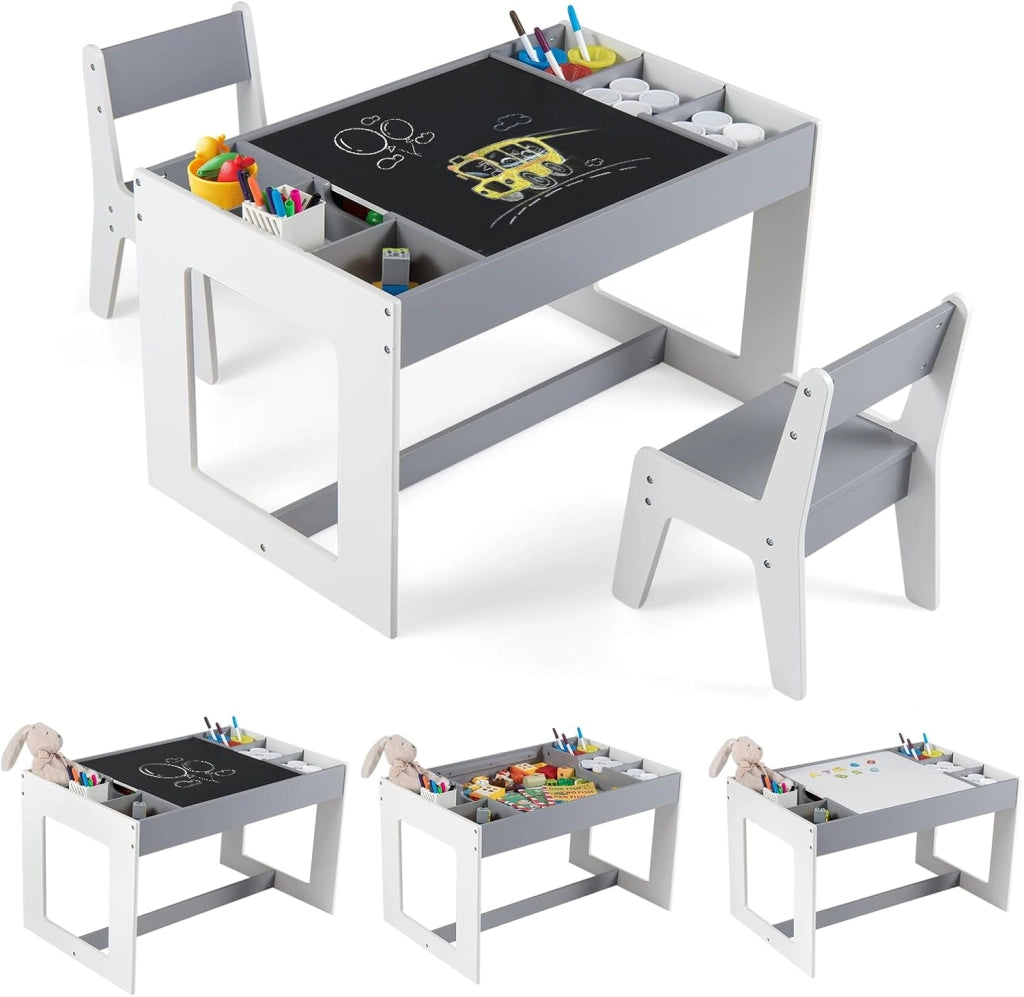 Set Tavolo Multifunzionale per Bambini e 2 Sedie, Tavolo e Sedie in Legno con Piano Doppio Rimovibile, Lavagna Nera & Lavagna Bianca, Compartimenti Laterali con Divisori Staccabili (Grigio)
