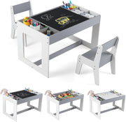 Set Tavolo Multifunzionale per Bambini e 2 Sedie, Tavolo e Sedie in Legno con Piano Doppio Rimovibile, Lavagna Nera & Lavagna Bianca, Compartimenti Laterali con Divisori Staccabili (Grigio)