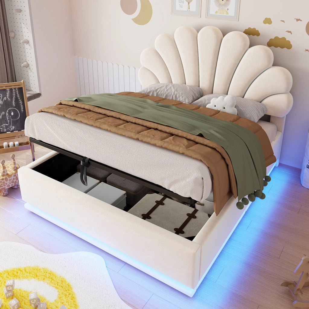 Letto contenitore matrimoniale 140×200 cm con testiera a fiore; LED; senza materasso; velluto; beige