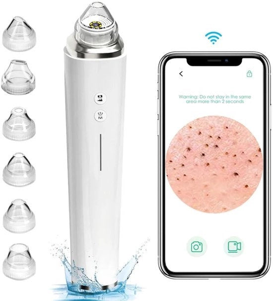Rimozione di pori con aspiratore a pori, dispositivo di rimozione di pori con camera HD e Wi-Fi, kit di estrazione di acne, composto da 6 aspiratori, apparecchiatura elettrica per la rimozione di pori.