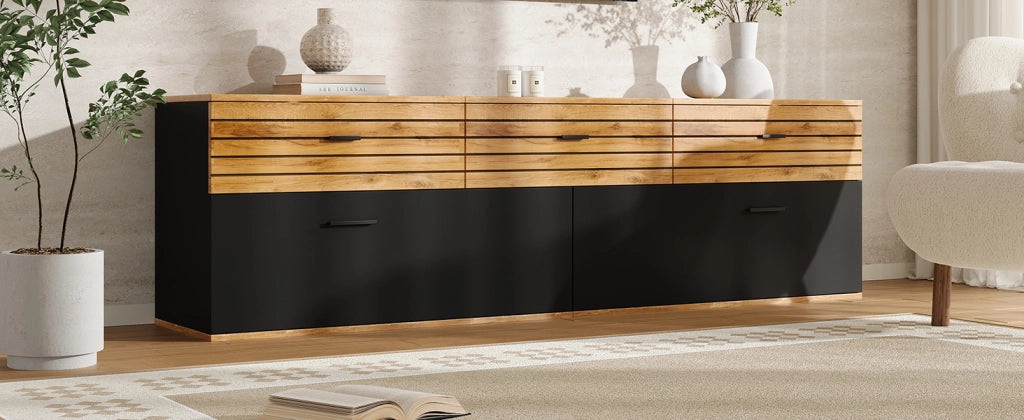 Mobile porta TV con 3 cassetti e 2 ante, 3 vani interni, per soggiorno, per tv fino a 65 pollici, 168 × 38 × 59 cm