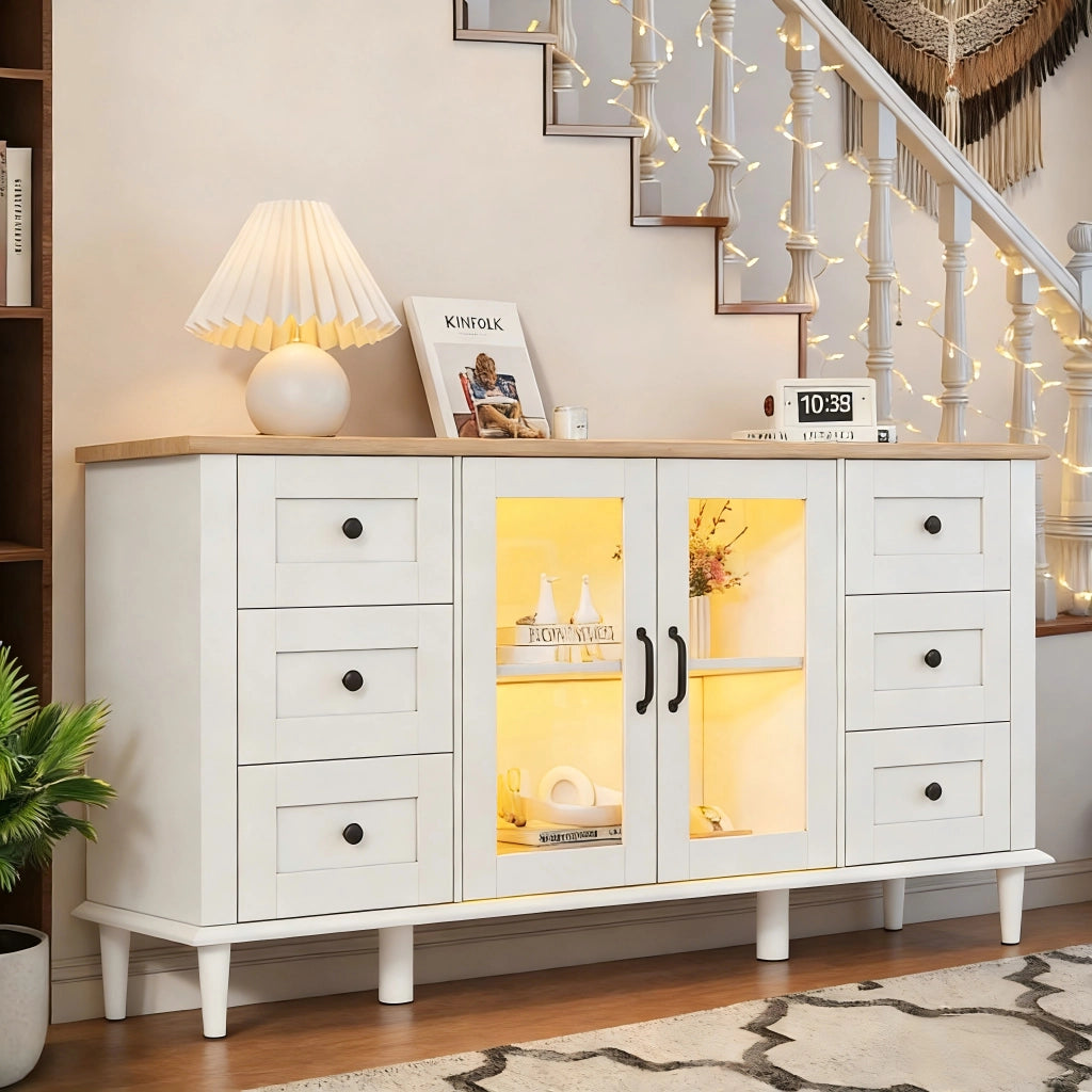 Credenza con 2 ante in acrilico; 6 cassetti e LED - per soggiorno - in MDF - 150 x 40 x 75 cm