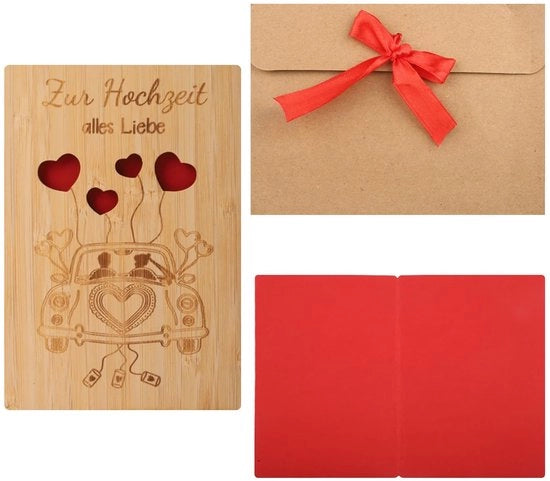 Carta di auguri per matrimonio in legno di bambù - Carta personalizzabile - Stampa autoadesiva - Carta di invito in carta da lettera - Righello rosso - 15 x 11 cm