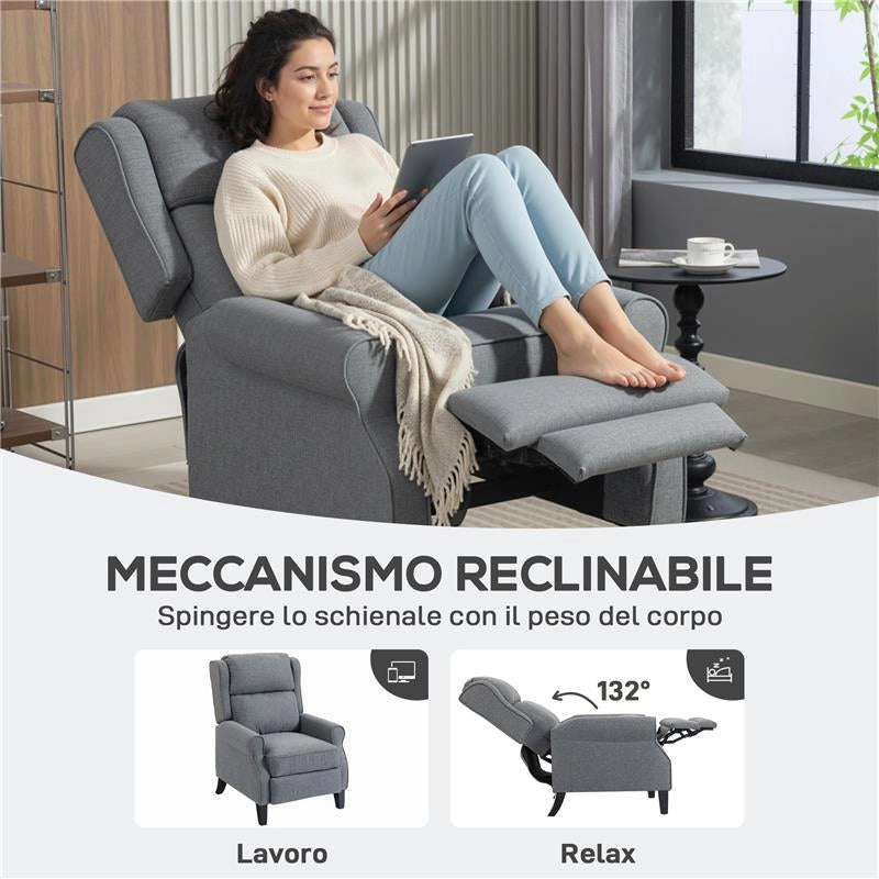 POLTRONA RECLINABILE 132¦ MAX IN TESSUTO EFFETTO LINO CON POGGIAPIEDI, 74X84X102 CM, GRIGIO
