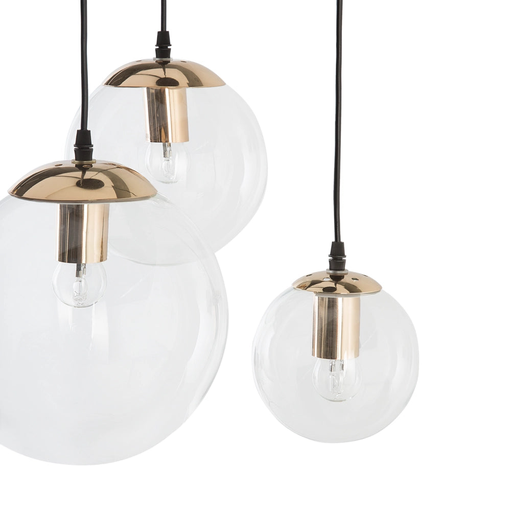 Lampada a Sospensione 3 Luci Vetro Trasparente Elemento in Metallo Dorato